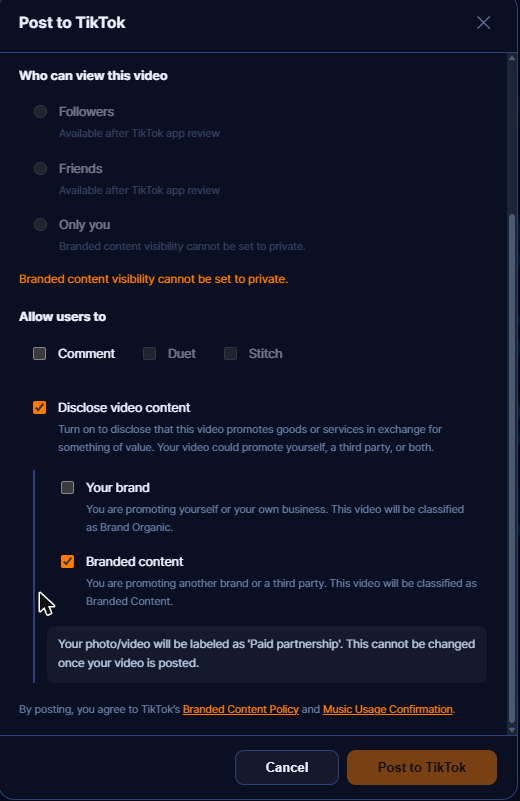 Commercial content disclosure is off by default. When the user turns it on, the resulting TikTok label and the applicable policies are shown before posting.